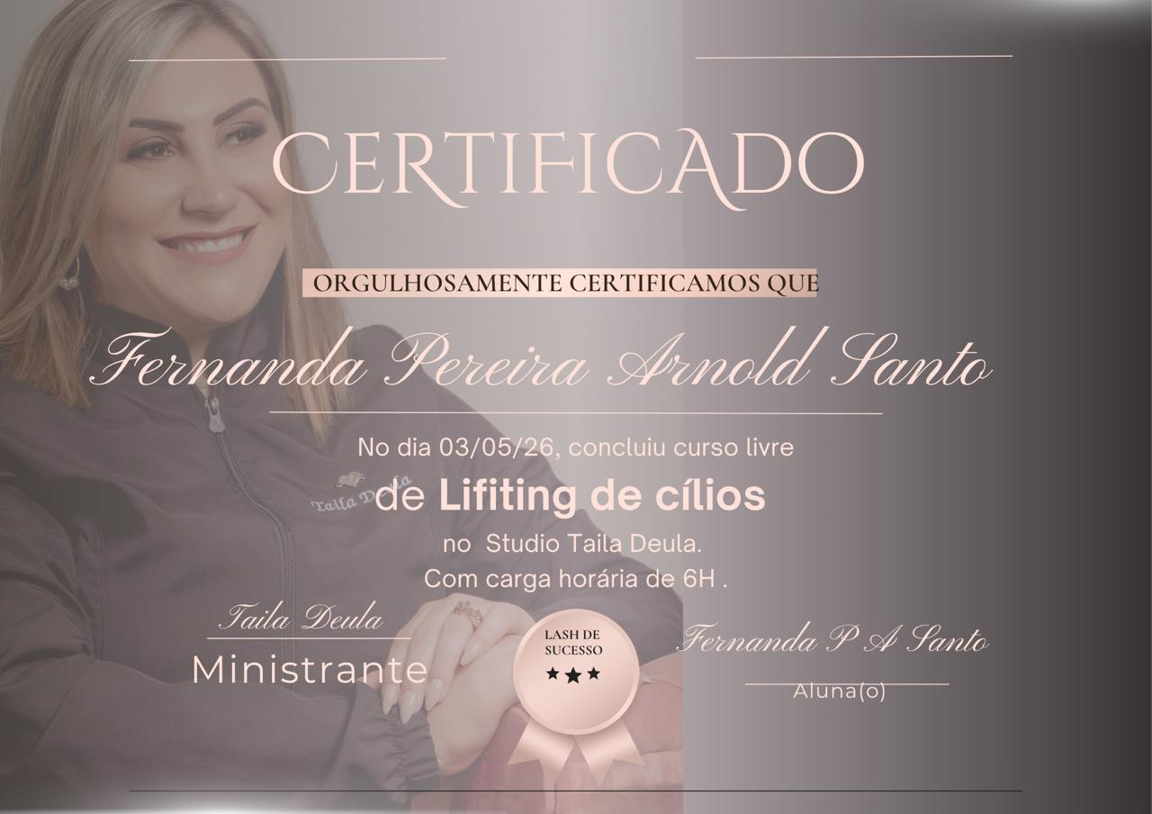 Certificado de Lifting de Cílios — Fernanda Pereira Arnold Santo